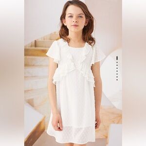 Ikks White Swiss Dot Ruffle Neck Dress